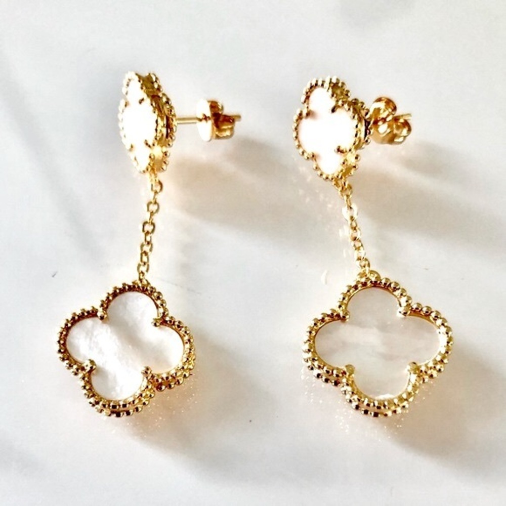 Mother of Pearl Quatrefoil Clover Motif Drop Earrings